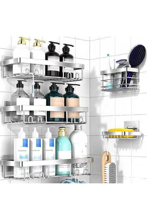 رفوف حمام ذهبية لتنظيم أدوات الاستحمام، عبوة من 5 قطع، رف تخزين ذاتي اللصق أسود اللون للحمام