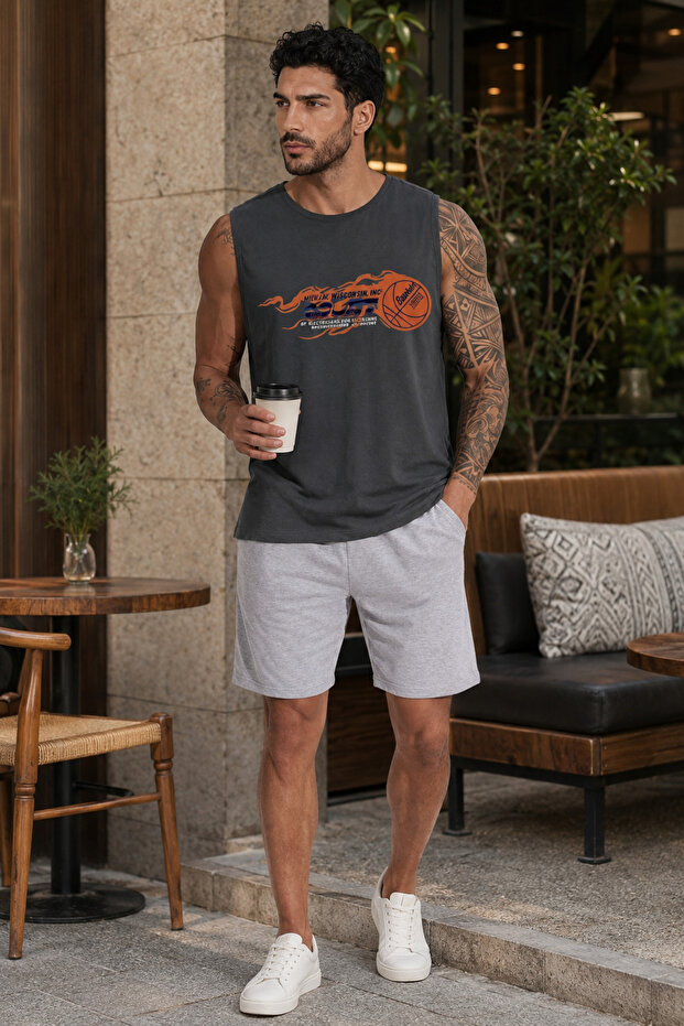 Men's Regular Cut 100% Cotton Crew Neck Sleeveless Elastic Pocket Pajama Set Anti-Sweat