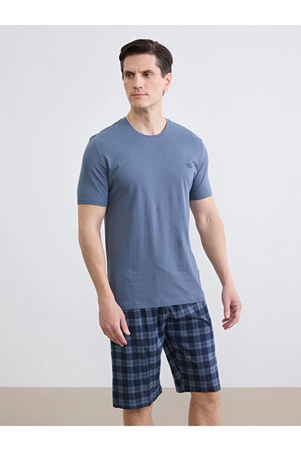Navy Blue Standard Fit Plaid Men's Pajama Set