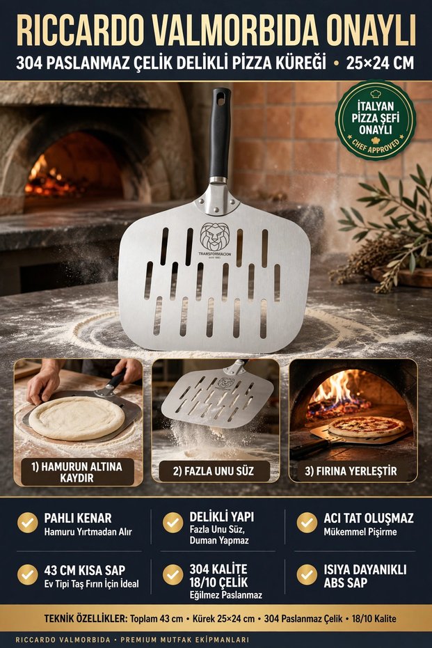 Perforated Pizza Shovel 18/10 Steel 25X24 cm Short Handle Home Type Stone Oven Pizza Shovel 723461
