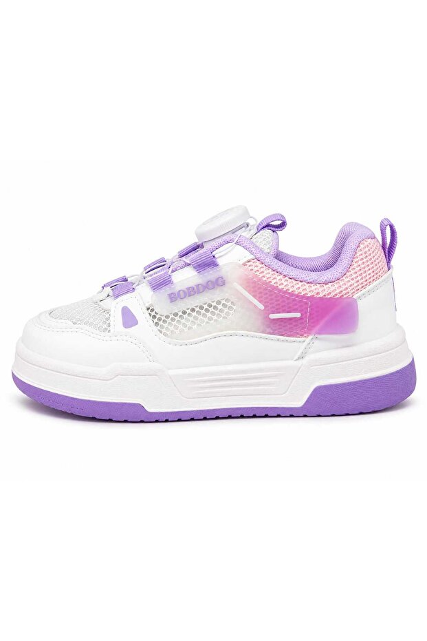 Girls' White Purple Sneakers – Lightweight Casual Lace-Up Shoes