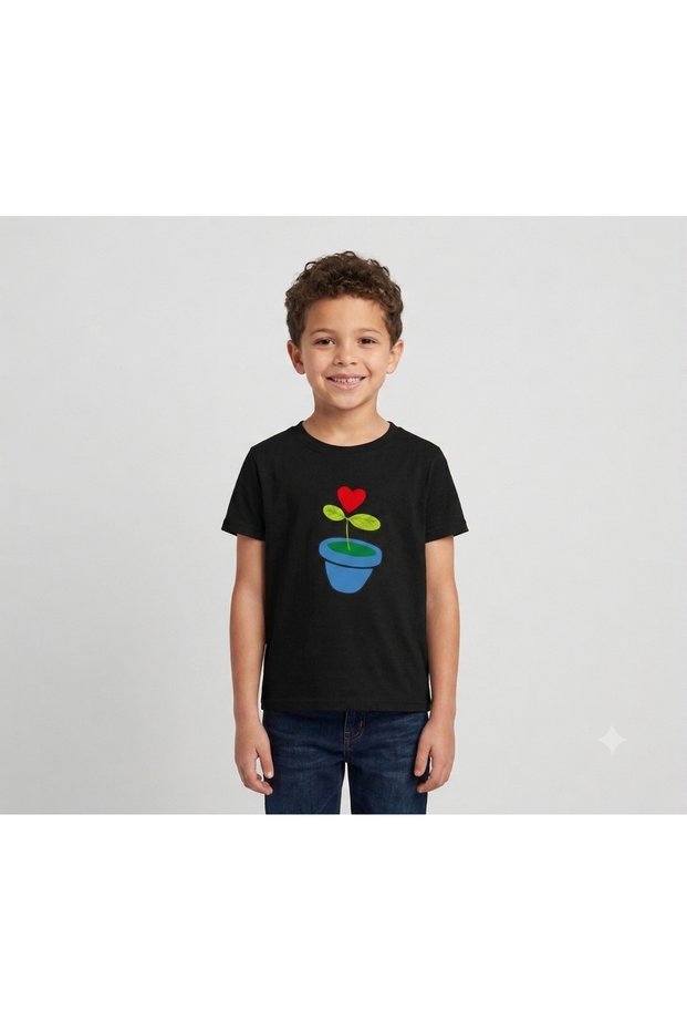 Black Family Matching T-Shirt Set - Heart Flower Pot and Watered Plant Printed Lover and Family T-Shirt