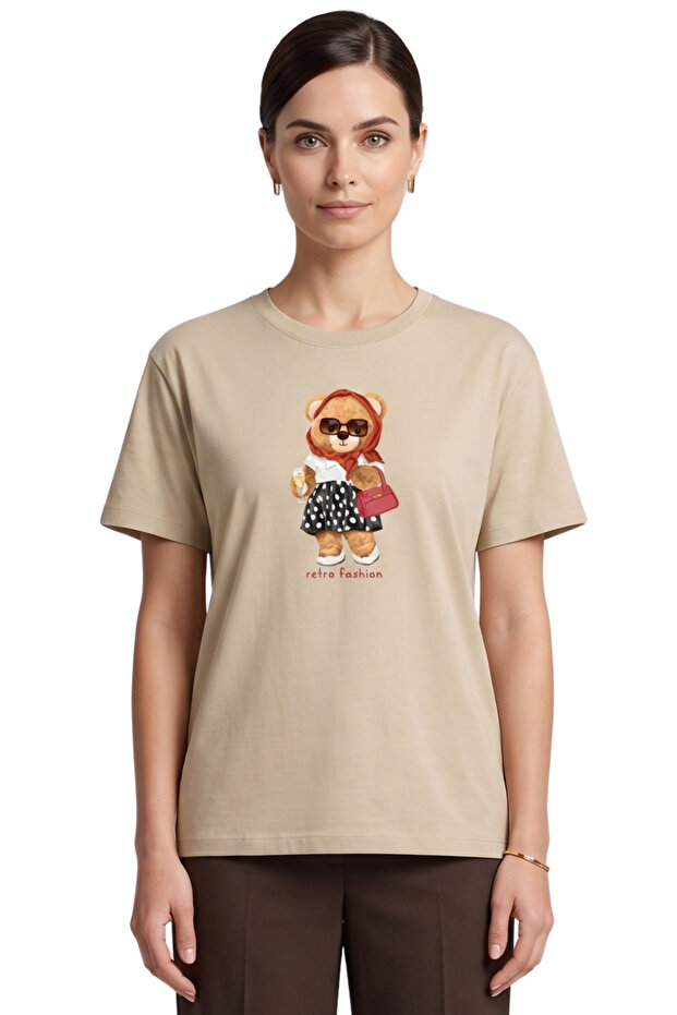 Women's Stone Retro Teddy Bear Printed T-Shirt Comfortable Fit 100% Cotton
