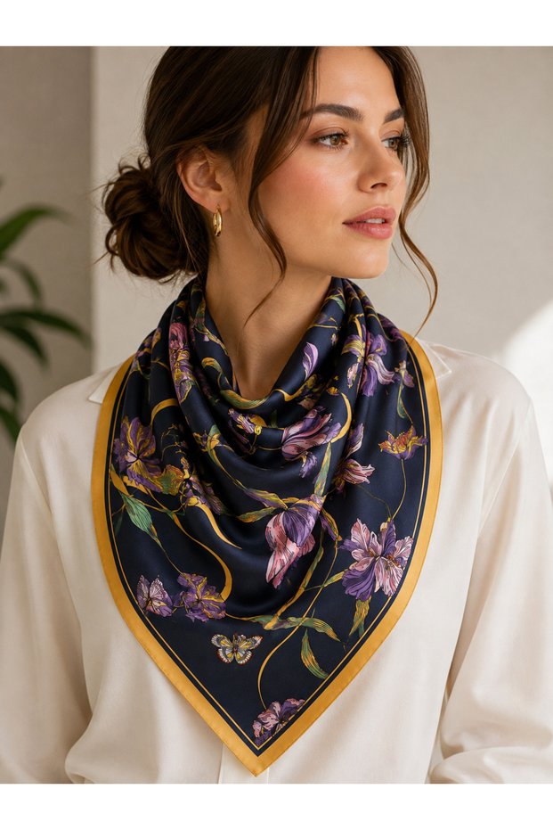 Women's 70X70 cm Navy Blue Purple Floral and Butterfly Patterned Satin Scarf