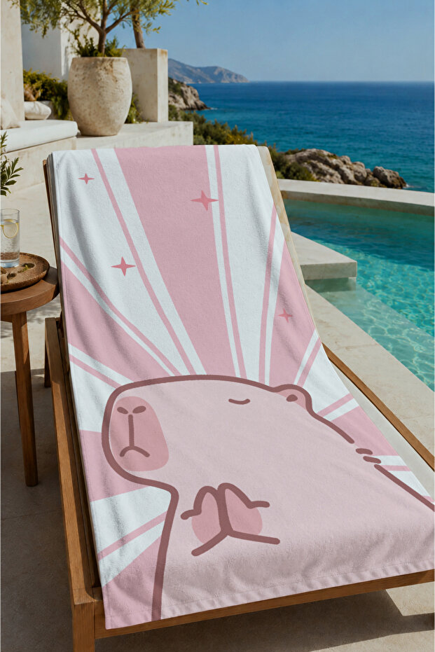 Pink Capybara Sunbeam Patterned 70X150 Beach Towel - Digital Printed Bath Towel