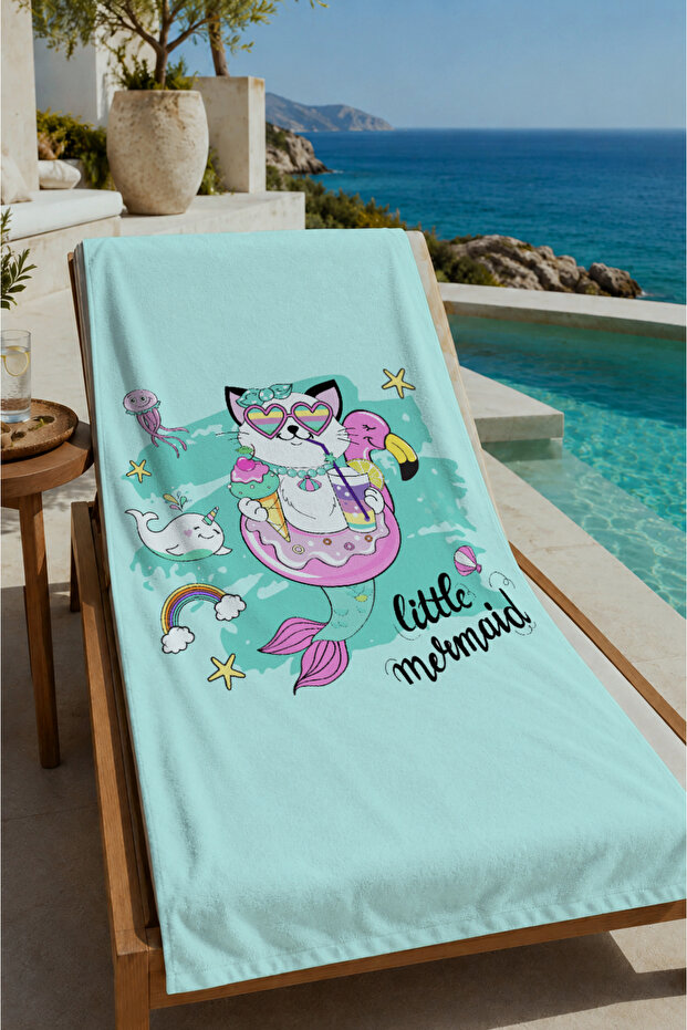 Mint Cute Mermaid Themed Patterned 70X150 Beach Towel - Digital Printed Bath Towel