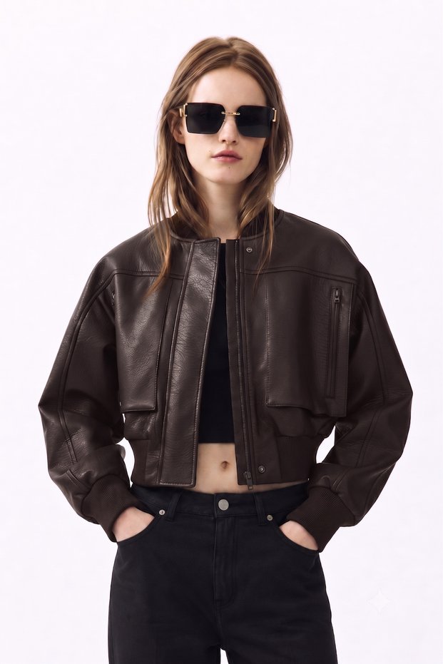 Bomber Coated Pilot Zippered Double-Pocket Ribbed Light Brown Leather Jacket