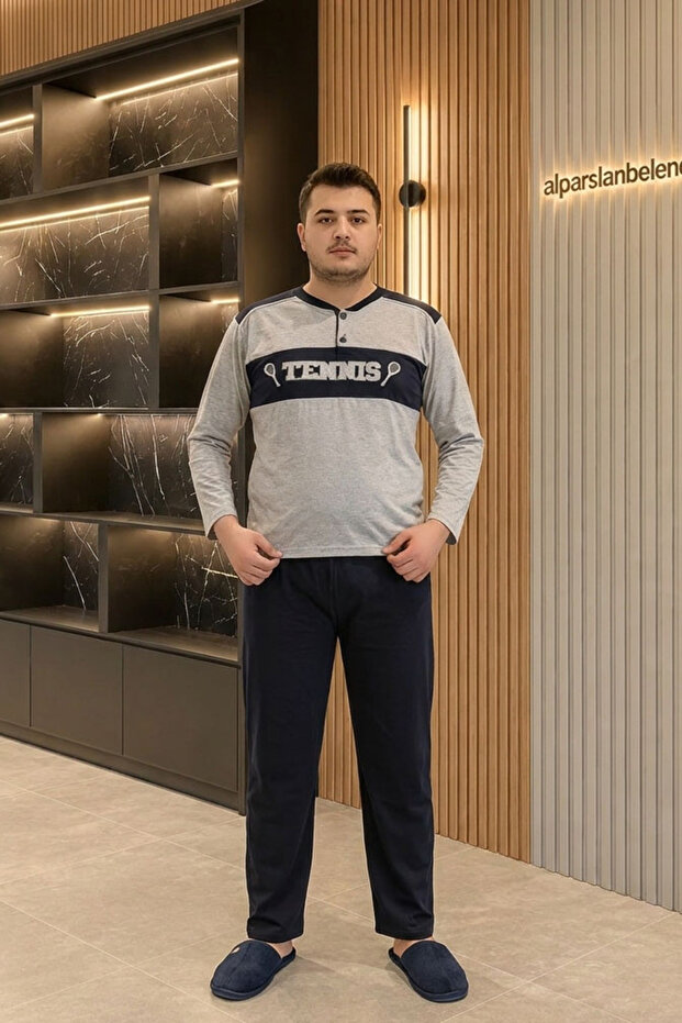 Single Jersey Pajama Set for Men with Patchwork Decoration, Gray
