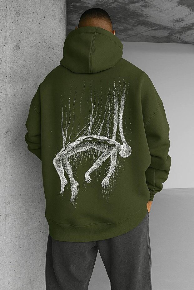 Unisex Oversize 3 Thread Yarn Kangaroo Pocket "Abstract Figure" Printed Hooded Sweatshirt