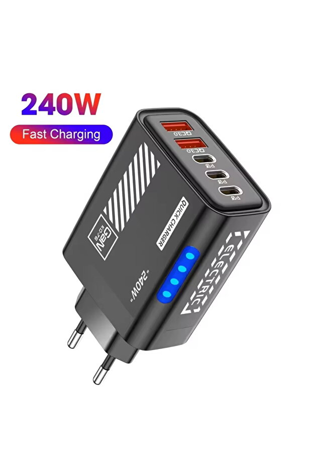 EU Black 240W Super Fast Charging Charger 5 in 1 LED Light 5Port GaN Phone Charger Adapter 10A Cable