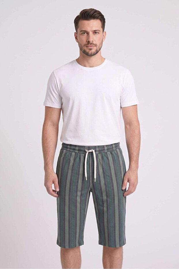 Men's Green Striped Combed Cotton Modal Capri