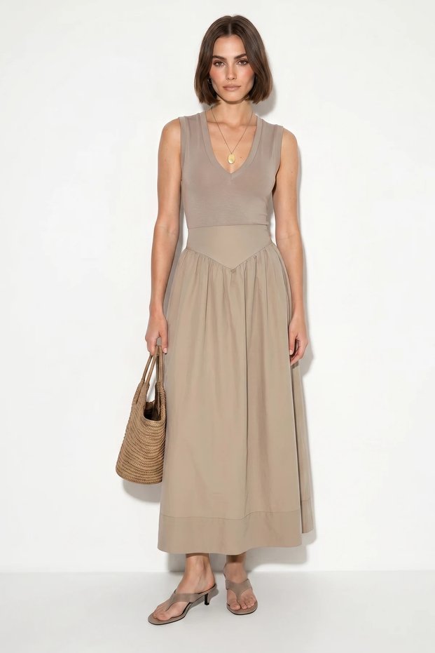 Women's High Waist Gathered Detailed Flared Skirt De Beige