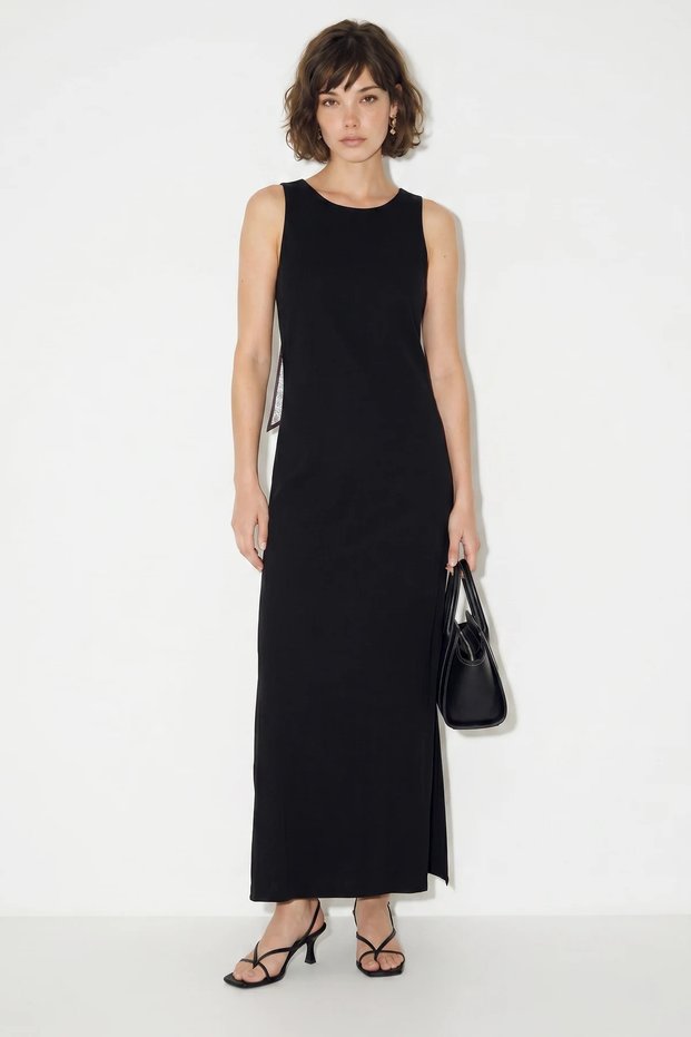 Women's Scarf Detailed Backless Slit Maxi Black Dress
