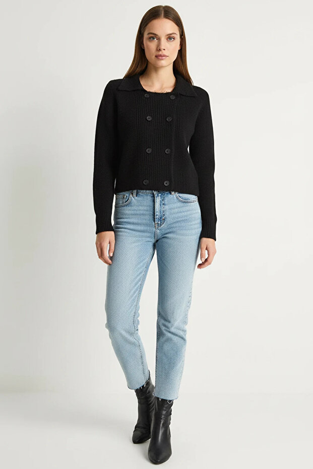 Women's Polo Collar Buttoned Soft Black Cardigan