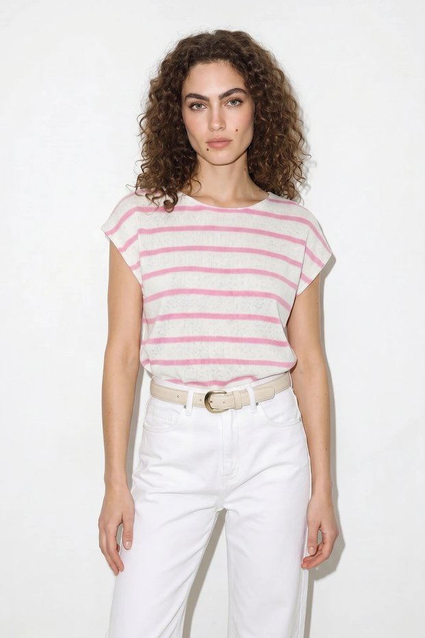 Women's Boat Neck Bat Sleeve Cotton Knitwear Ecru Pink Blouse