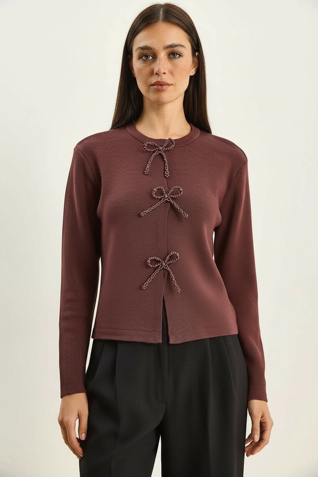 Women's Pearl Bow Accessory Knitwear Plum Cardigan