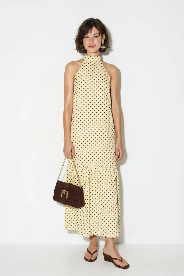 Women's Polka Dot Halter Neck Halter Dress with Ruffle Hem Long Yellow Dress