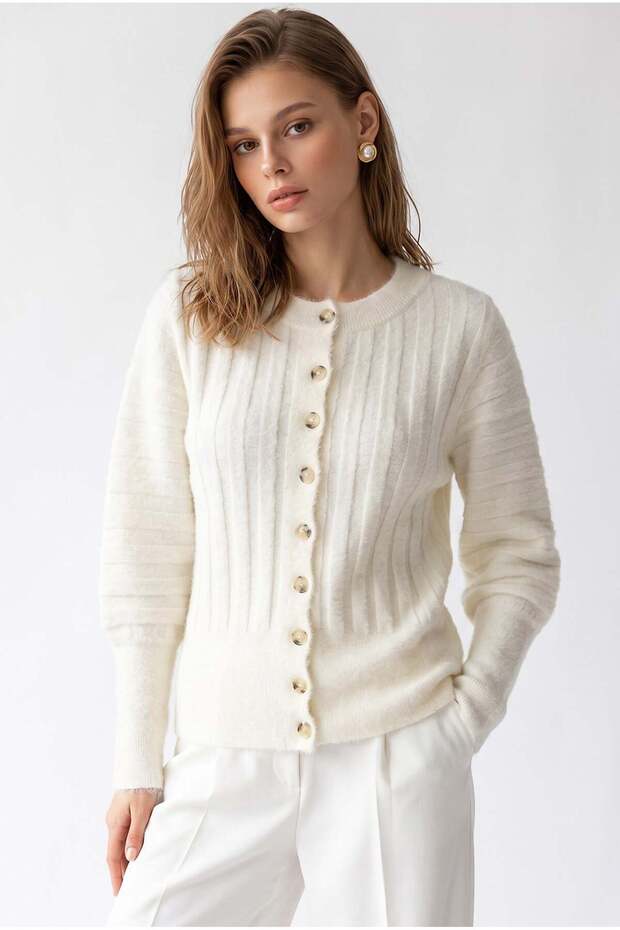 7042 Women's Soft Textured Ribbed Buttoned Knitwear Cardigan Cream