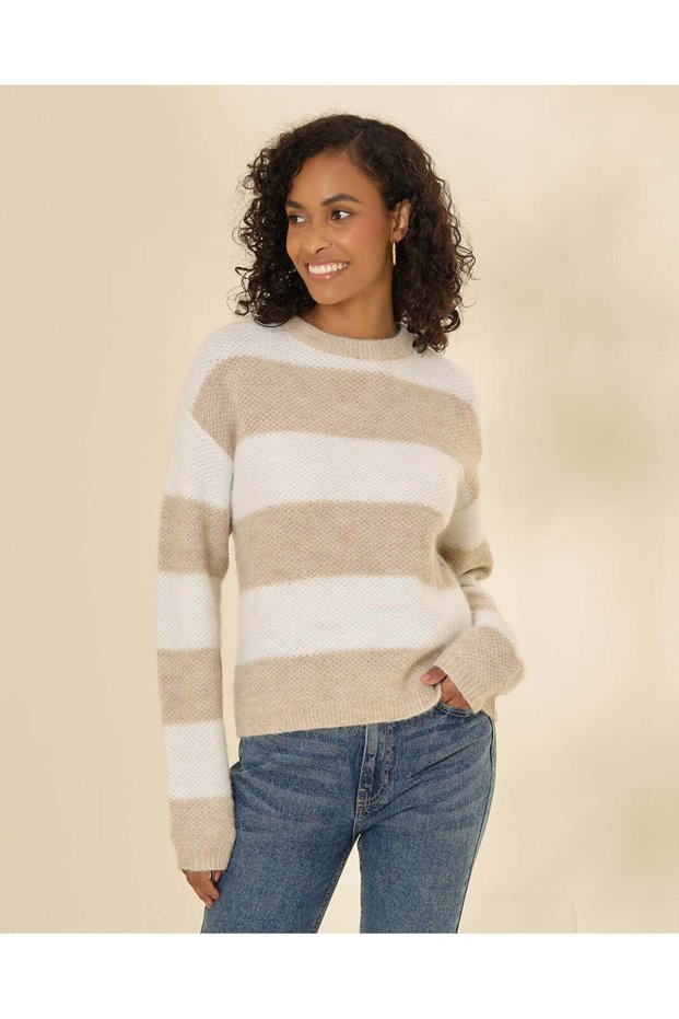 Women Beige Striped Knit Pullover