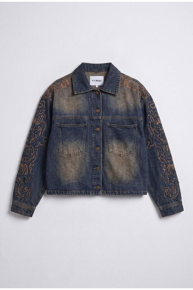 Women's Dark Denim Jacket 4W6-32 Oversize Embroidery Detailed Design Denim Jacket