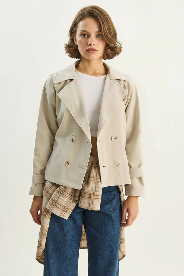 Women's double-breasted trench coat with lapel detail and lining - stone/beige