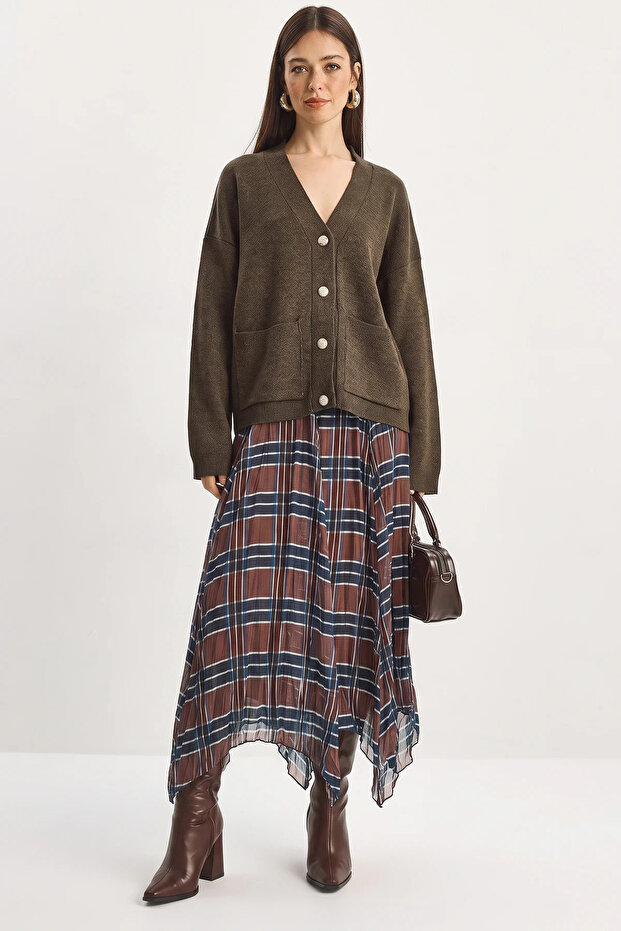 Women's Plaid Patterned Wrinkled Effect Lined Midi Chiffon Brown Skirt