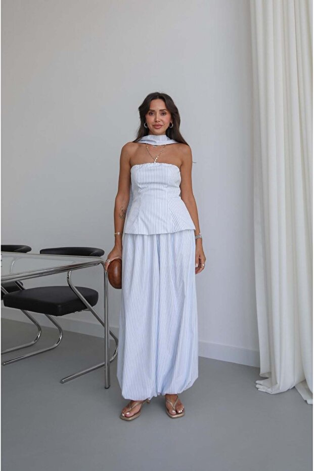 White Scarf Striped Strapless Blouse Trouser Set