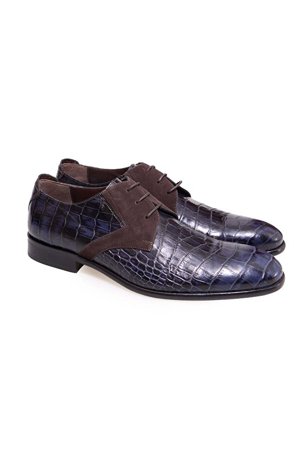 Dark Blue Color Lace-Up Genuine Leather Leather Sole Men's Shoes