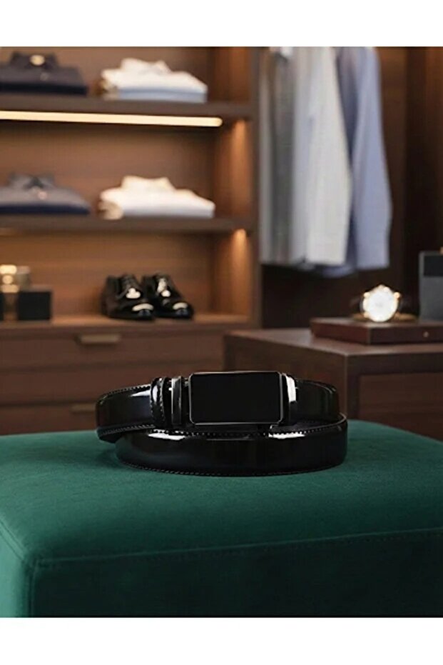 Men's Black Leather Automatic Buckle Belt Without Holes (Width 3.5 cm)