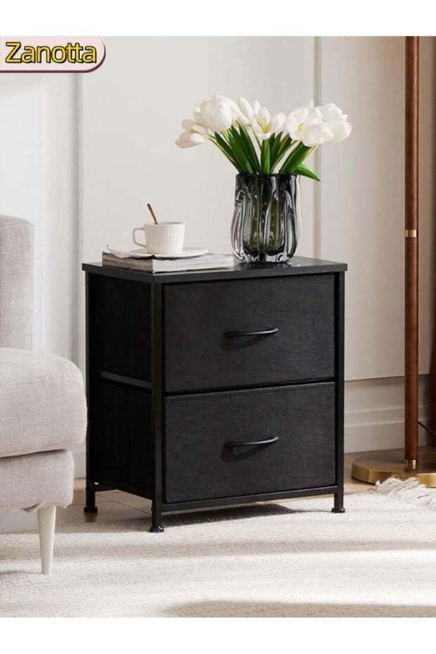 45*30*51cm Nightstand with Fabric Drawers Home Bedside Table 2-Tier Side Table Nightstands End Coffee Table for Bedroom Black