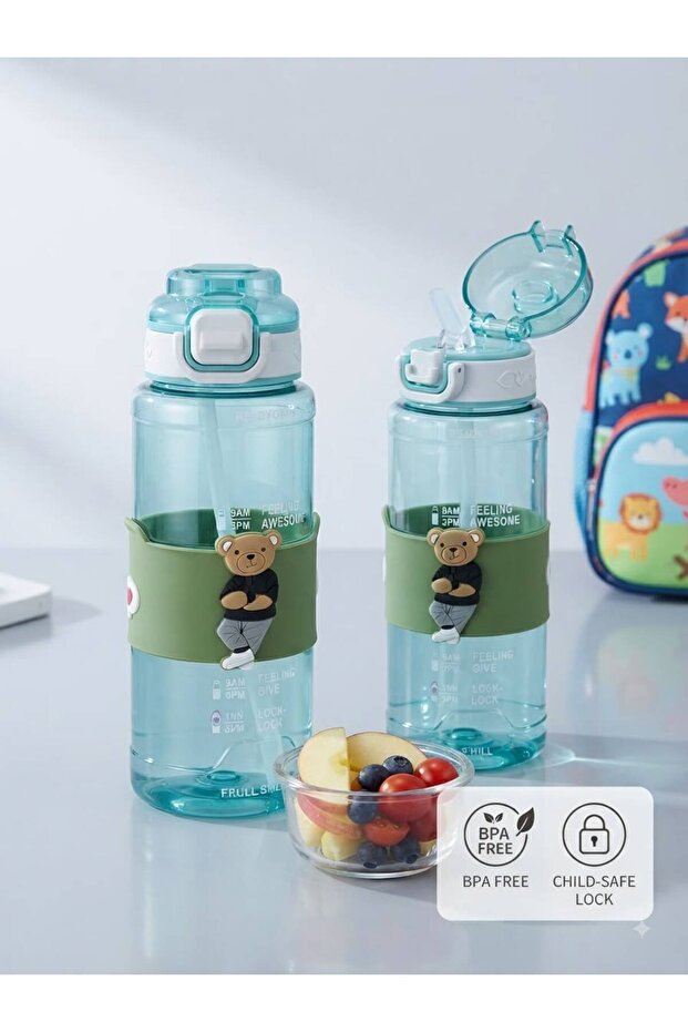 800 ml Neck Strap Drawstring Teddy Bear Patterned Water Bottle with Straw
