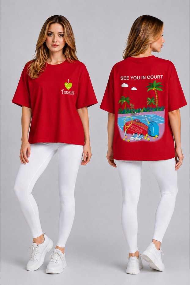 Unisex Oversize Tennis Printed T-Shirt 100% Cotton Tennis Themed Comfortable Fit Short Sleeve T-Shirt