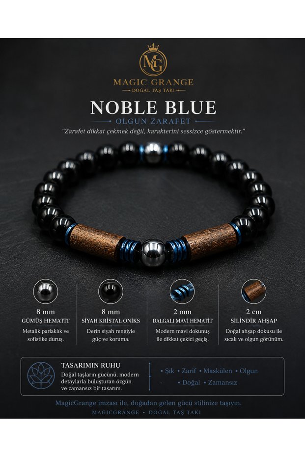 Men's Natural Stone Bracelet – 8 mm Black Crystal Onyx, Silver Hematite, Blue Hematite, and Wood Detailed Design Noble Wood