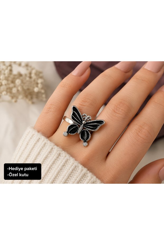 Silver Color Metal Ring with Black Butterfly Figure – Elegant and Stylish Women's Accessory