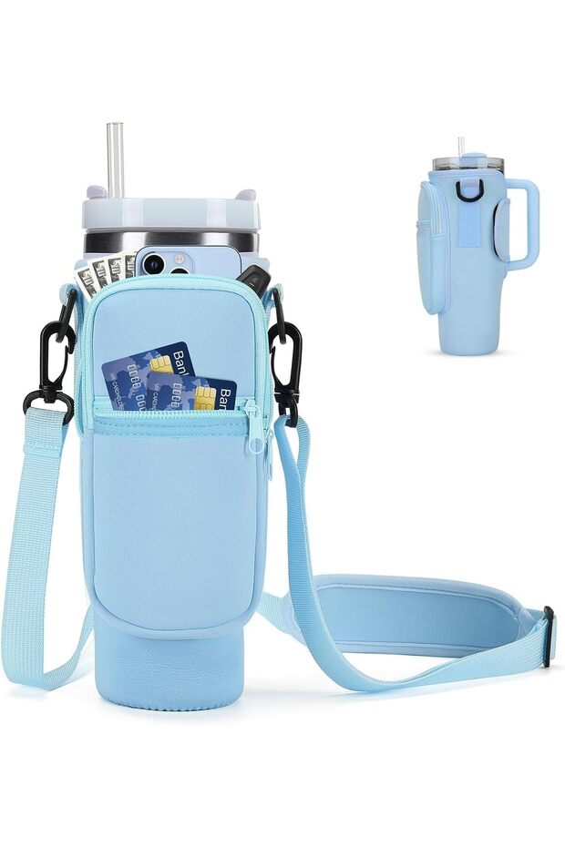 Water Bottle Carrier Bag for Stanley 40 oz with Phone Pocket Water Bottle Holder with Handle,Cell Phone Pocket and Adjustable Shoulder Strap Tumbler Accessories for Stanley (Blue)