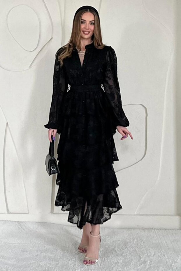 Black Ruffled Striped Tiered Dress