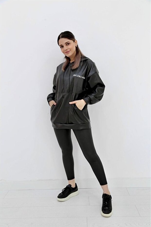Black Hooded Letter Printed Leather Sweatshirt