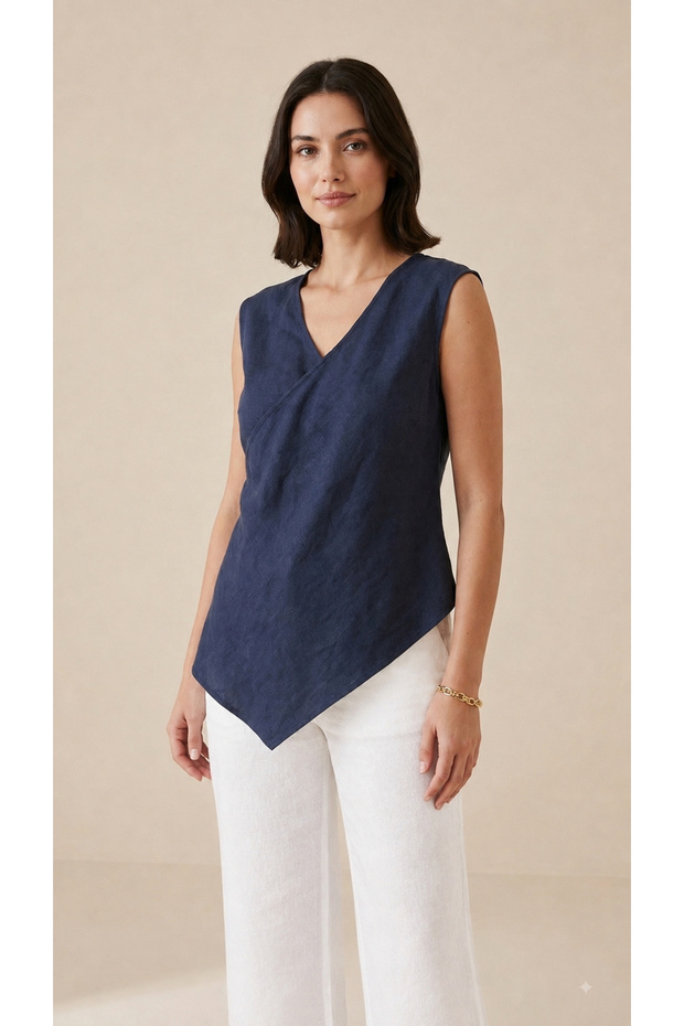 Women's Navy Blue Double-Breasted Collar Sleeveless Asymmetrical Blouse