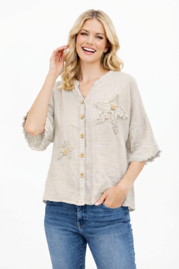 Cotton Muslin Star Appliqué Buttoned Women's Shirt 2111