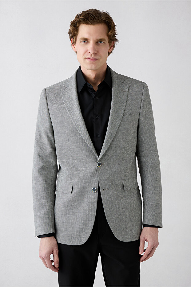 6 Drop Regular Fit Standard Cut Mono Collar Patterned Classic Linen Blend Jacket
