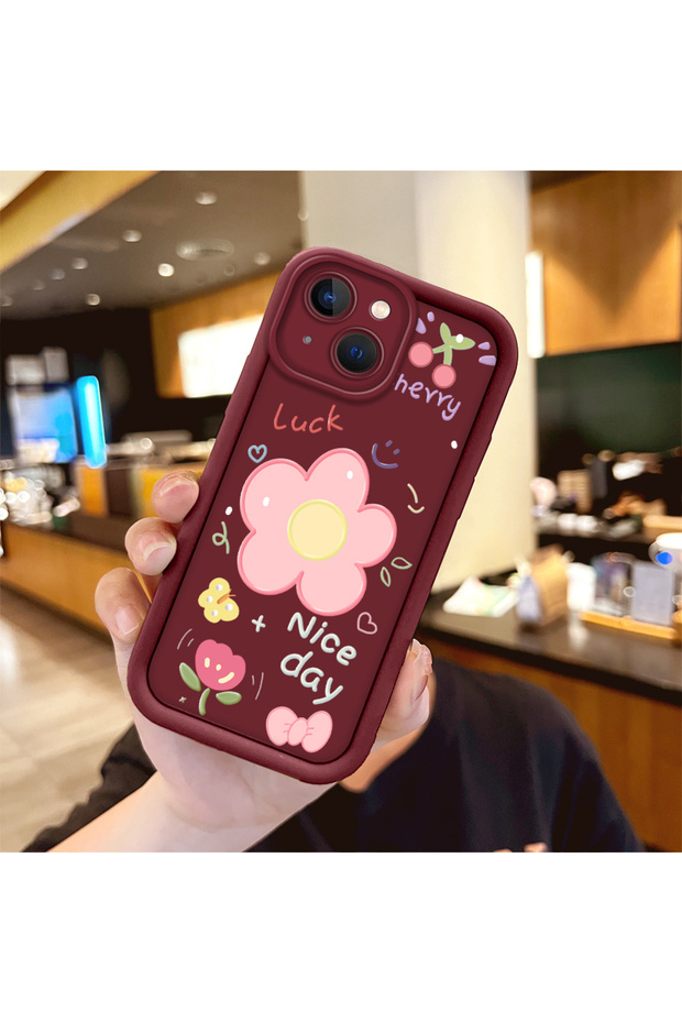 iPhone 14 Compatible Case Camera Protective Flower Pattern Maroon Lover Couple Silicone Phone Case