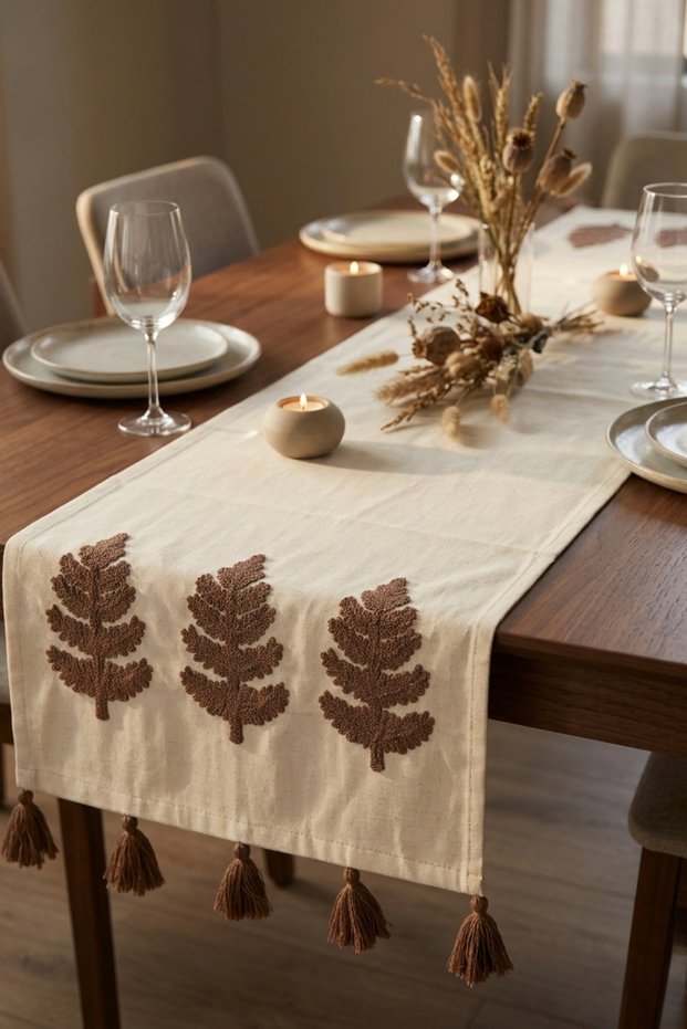 Tree of Life Embroidered Tassel Embroidered Cotton Runner Tablecloth 40X130 cm