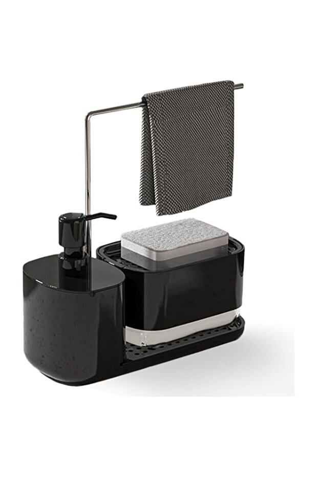 BIGTHREE Dish Soap Dispenser Set, with 2 Sponges, 4-in-1 Kitchen Sink Organizer with Detachable Soap Pump Sponge Holder for Kitchen Sink, Useful Kitchen Gadgets, Black
