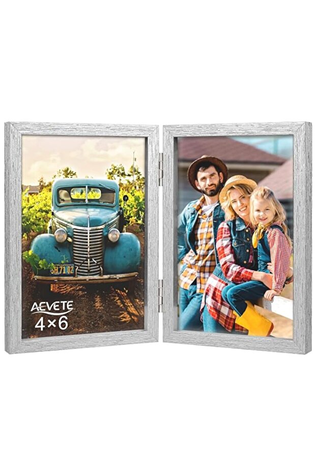 AEVETE 4x6 Picture Frames Double Hinged Wood Folding Photo Frames Vertical with Real Glass Front, Sliver