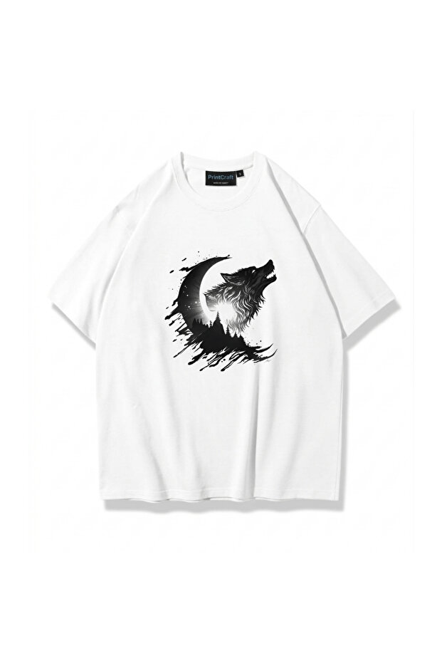 Unisex Wolf and Crescent T-Shirt Oversized White