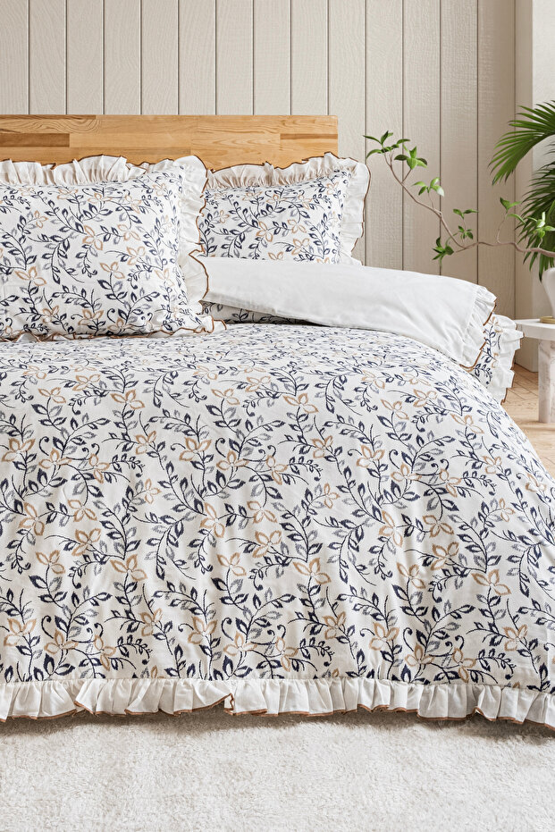 Double Duvet Cover Set Cotton Brown Line Floral Patterned Ornamental Overlocked Ruffled