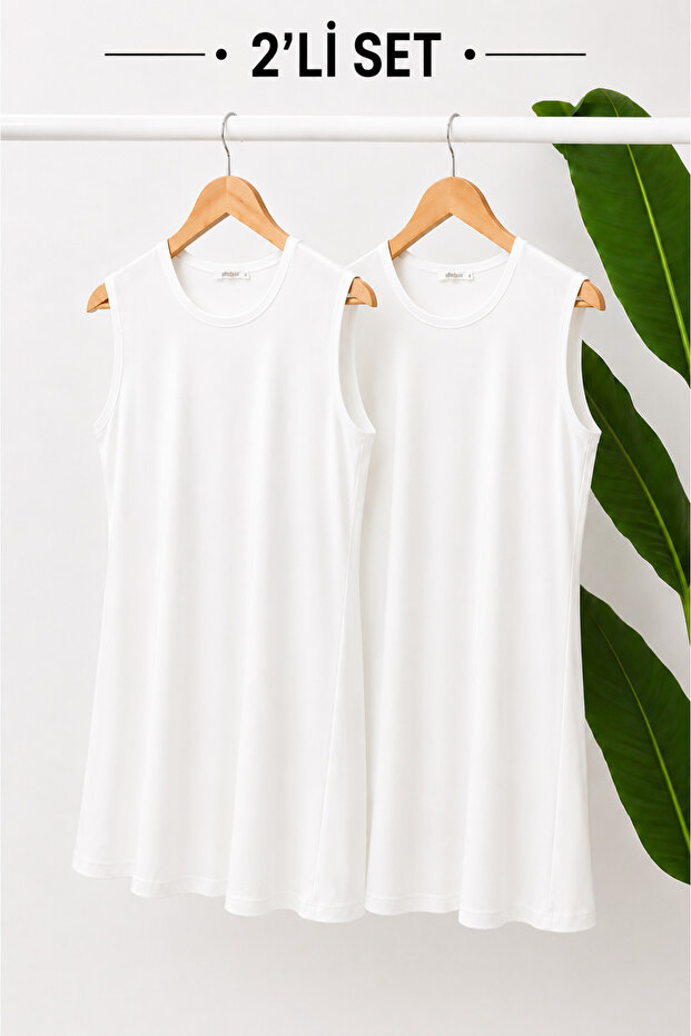 Women's White White Set of 2 Zero Sleeve Combed Cotton Underwear Tunics