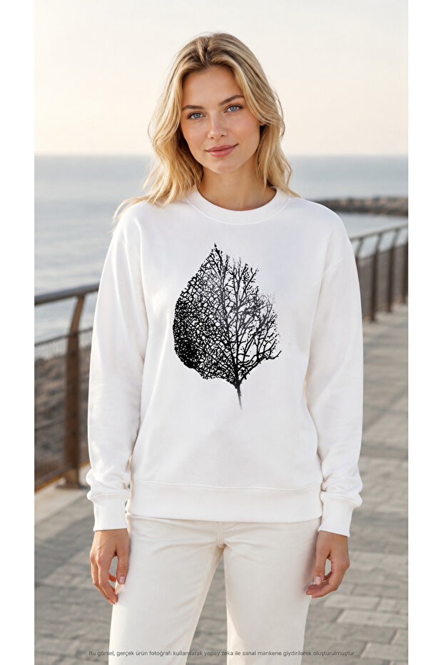 Women's Dry Leaf Printed Round Neck Casual Sweathirt