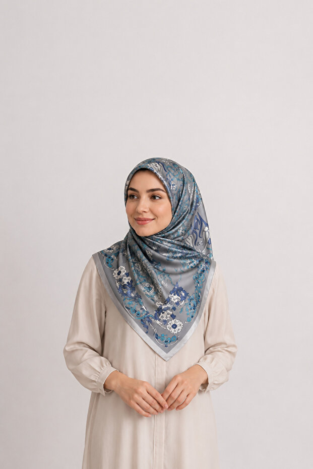 Gray Turquoise Patterned 90X90 cm Satin Look Square Scarf
