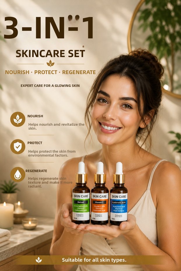 Discover the Power of Retinol, Vitamin C, and Hyaluronic Acid for a Brighter, More Hydrated, Vibrant, and Smoother Skin with Our 3-Piece Professional Skincare Set.